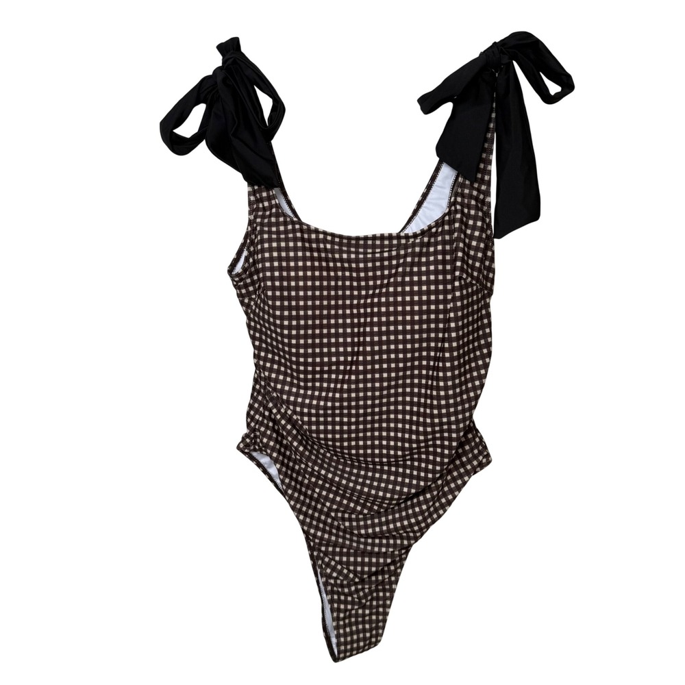 Cider Brown Gingham One Piece Swimsuit Black Tie Shoulder Ruched Plus 1XL New